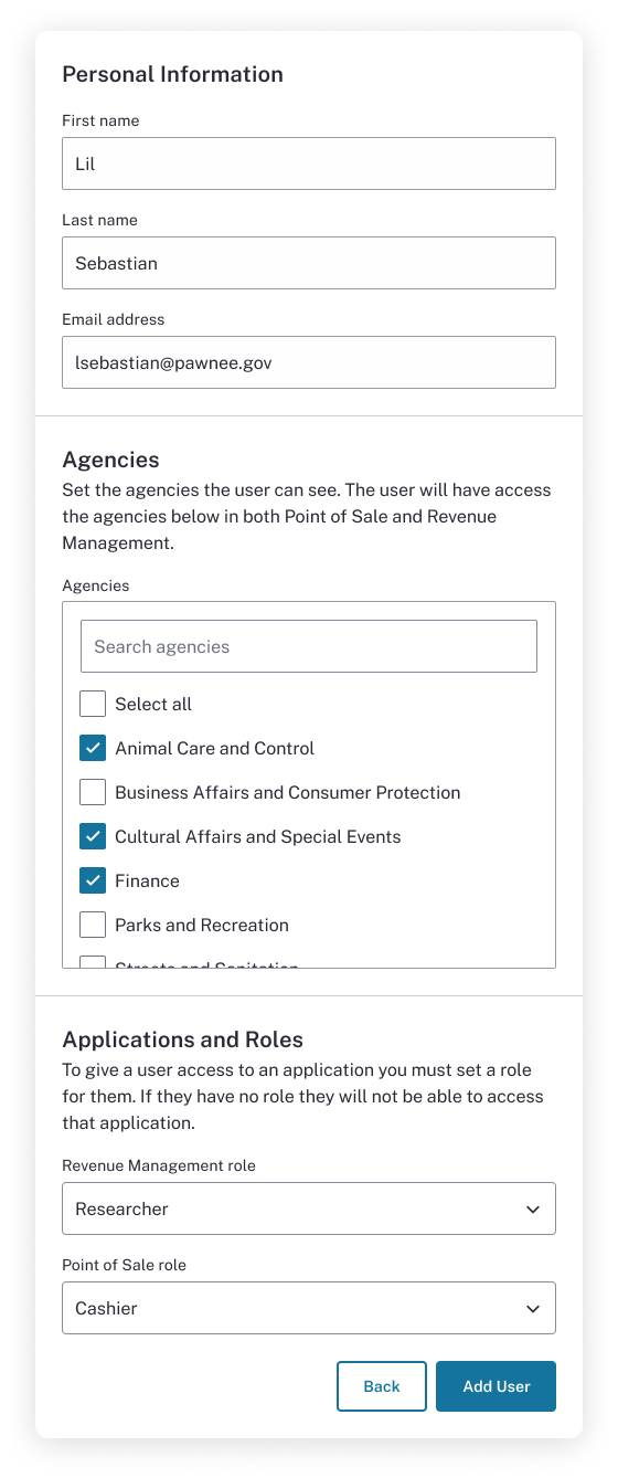 Point of Sale & Revenue Management Add User Interface