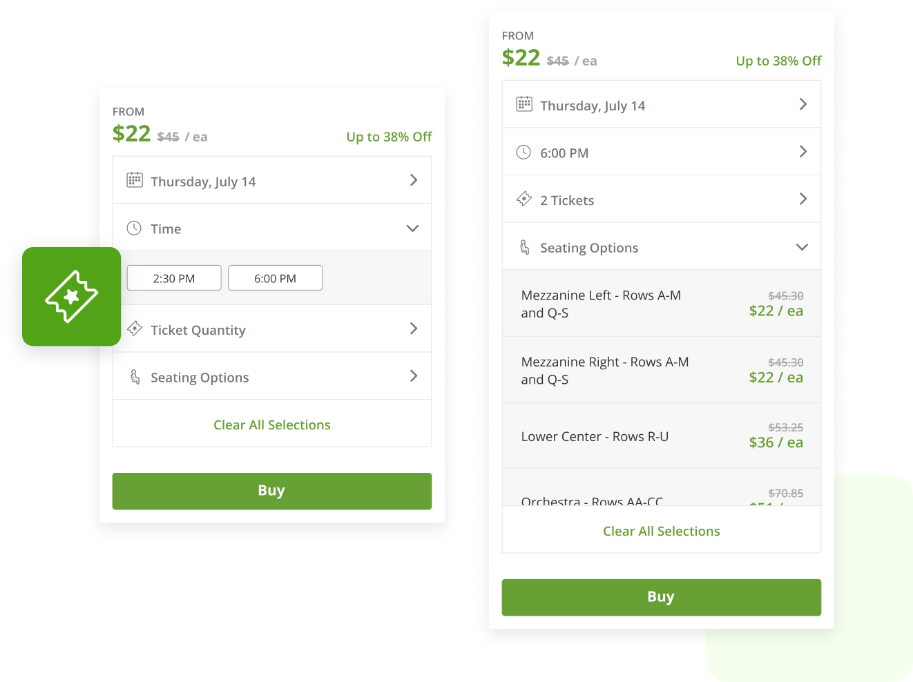 GrouponLive Booking Widget Showing Times and Seating